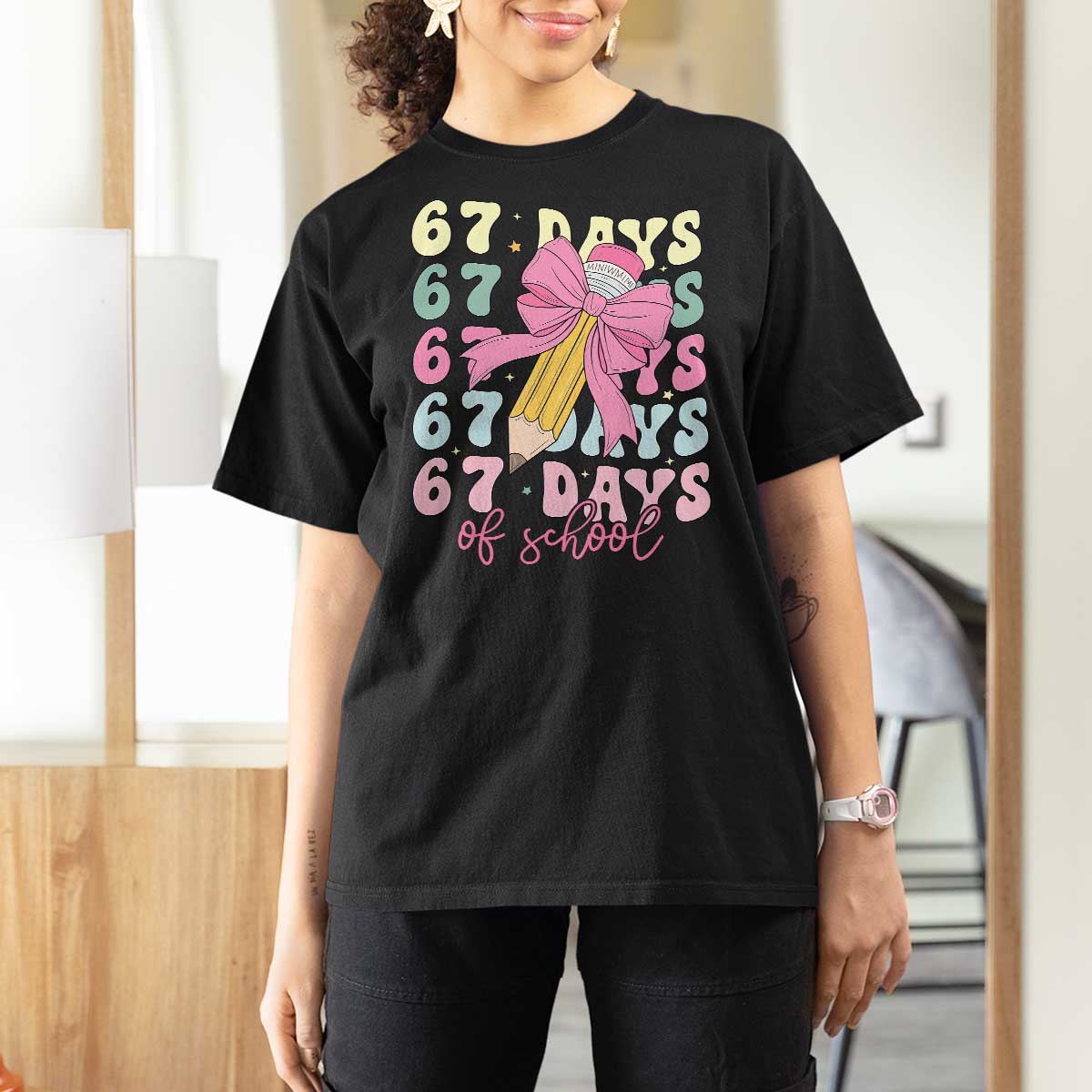67 Days of School Coquette Bow T Shirt For Women Funny Six Seven Meme 67th Day Teacher Student - Wonder Print Shop