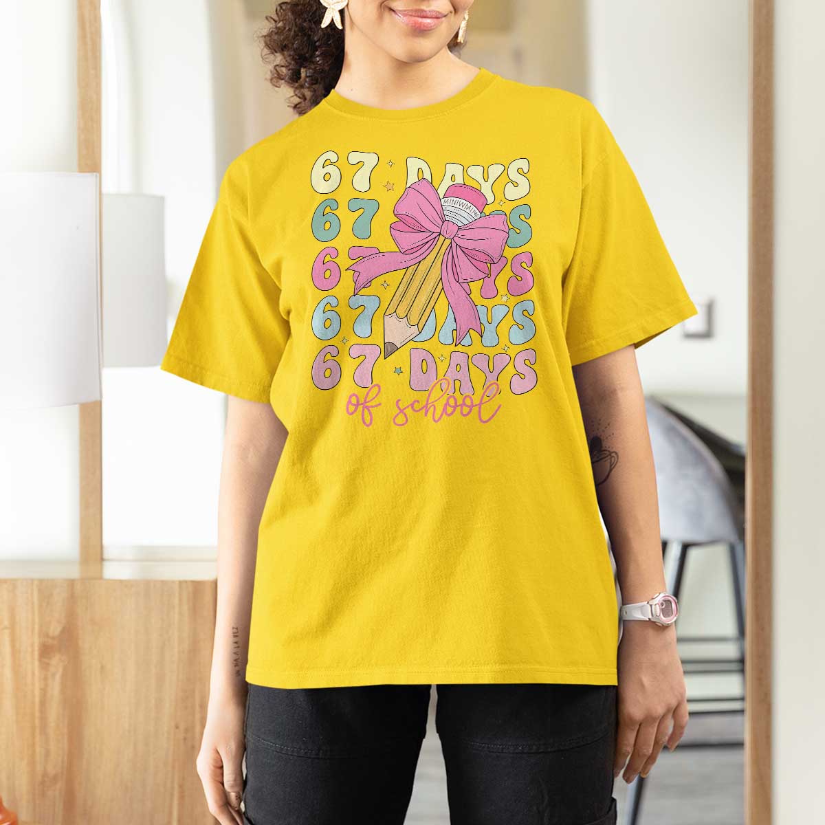67 Days of School Coquette Bow T Shirt For Women Funny Six Seven Meme 67th Day Teacher Student - Wonder Print Shop
