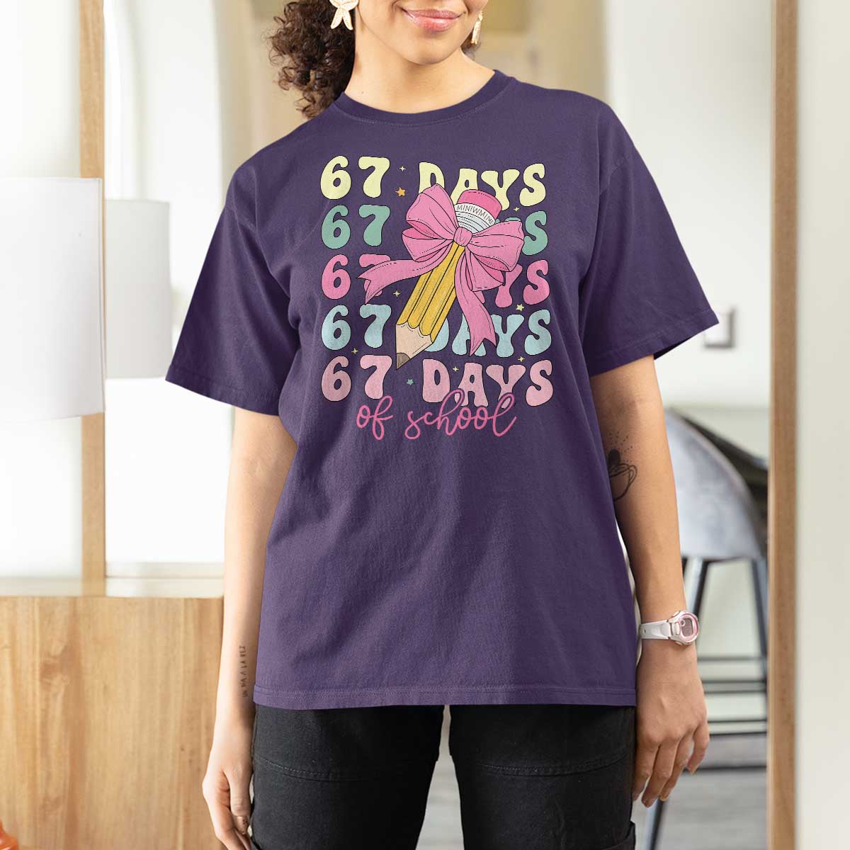 67 Days of School Coquette Bow T Shirt For Women Funny Six Seven Meme 67th Day Teacher Student - Wonder Print Shop