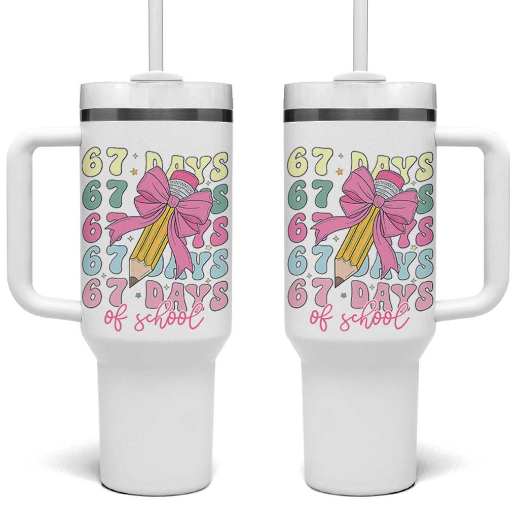 67 Days of School Coquette Bow Tumbler With Handle Funny Six Seven Meme 67th Day Teacher Student - Wonder Print Shop