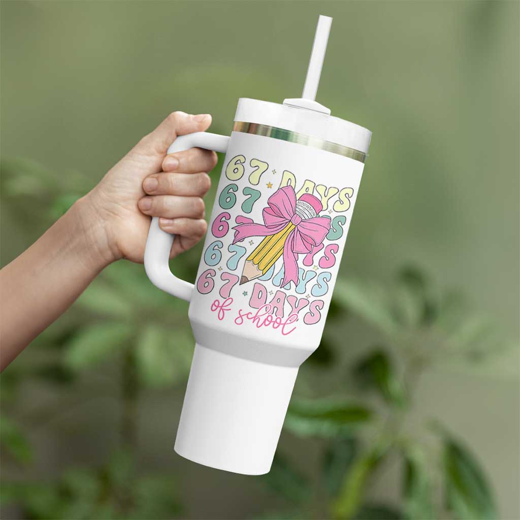 67 Days of School Coquette Bow Tumbler With Handle Funny Six Seven Meme 67th Day Teacher Student - Wonder Print Shop