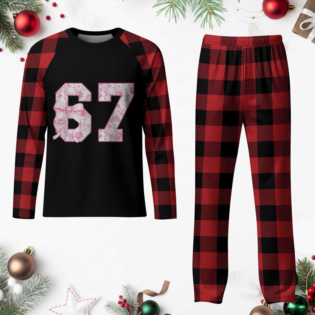 Six Seven Coquette Girl Plaid Pajama Set Funny 67 Meme Gen Alpha Slang Pink Floral Bow Aesthetic - Wonder Print Shop