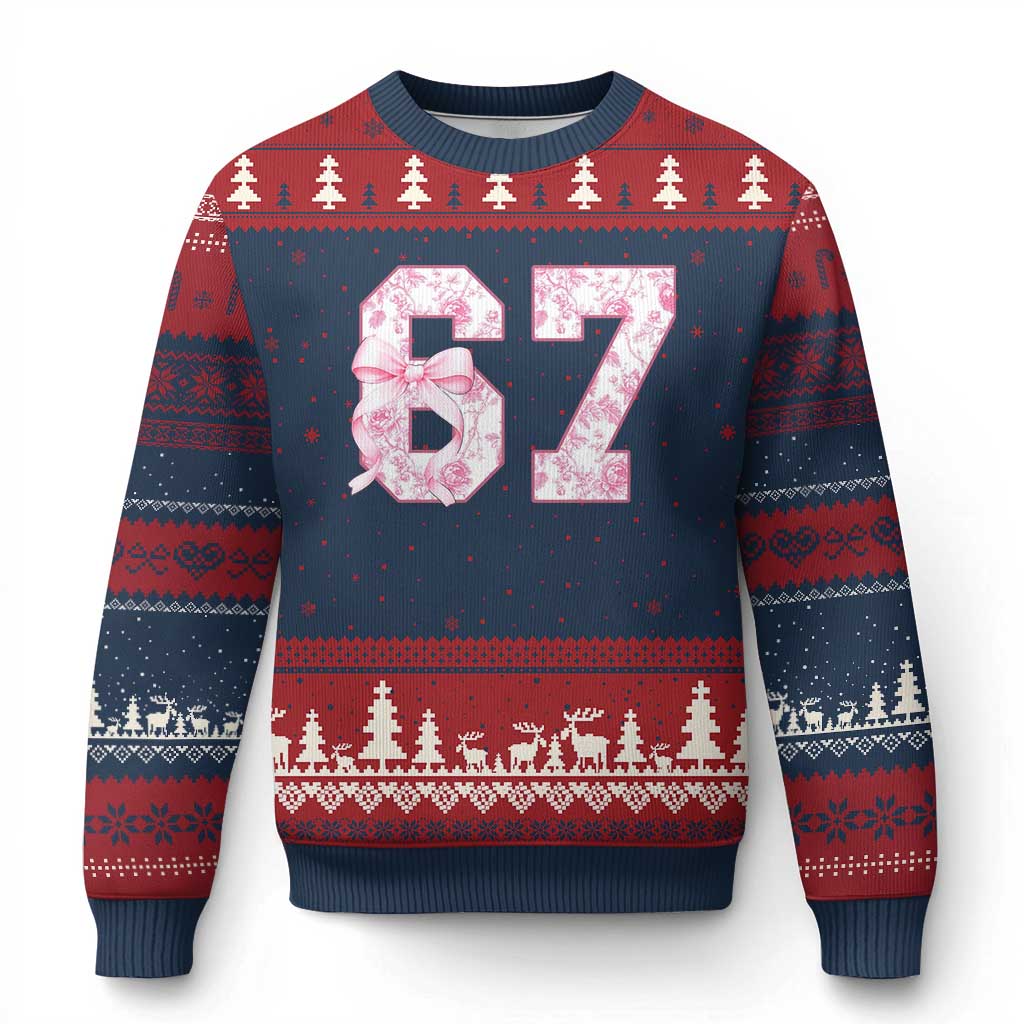 Six Seven Coquette Girl Ugly Christmas Sweater Funny 67 Meme Gen Alpha Slang Pink Floral Bow Aesthetic - Wonder Print Shop