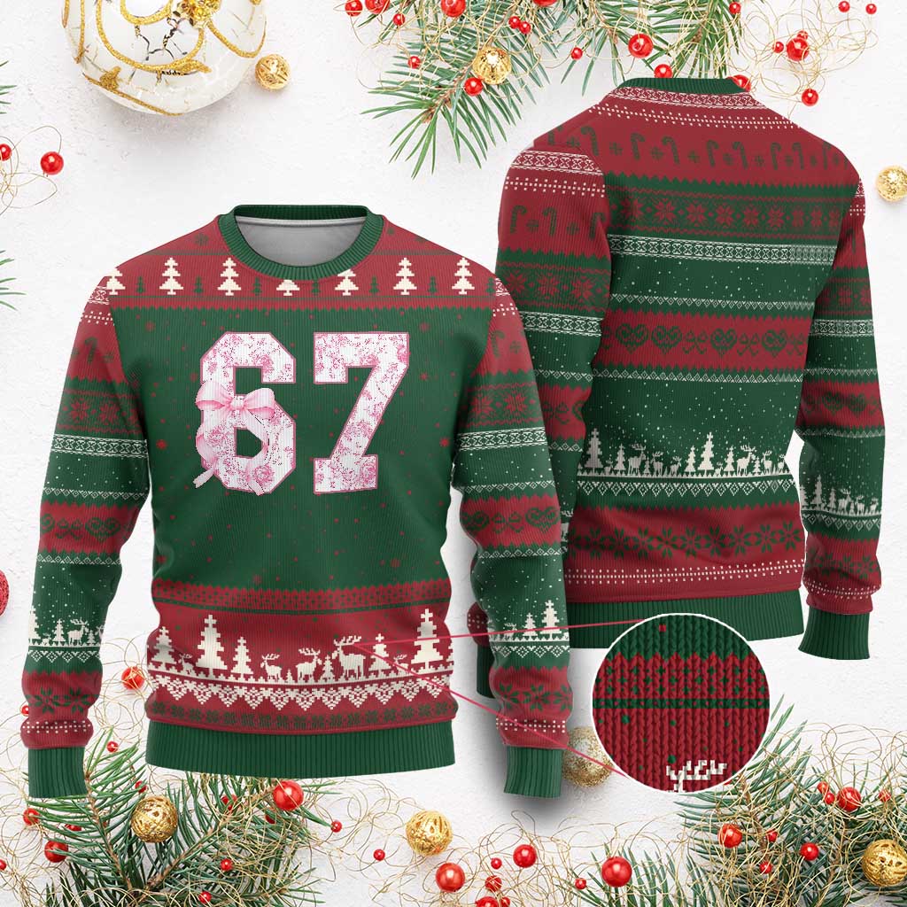 Six Seven Coquette Girl Ugly Christmas Sweater Funny 67 Meme Gen Alpha Slang Pink Floral Bow Aesthetic - Wonder Print Shop