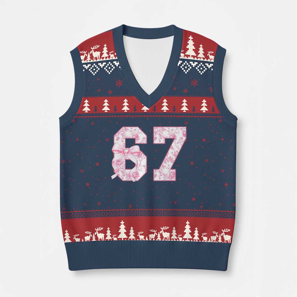Six Seven Coquette Girl V-Neck Knit Sweater Vest Funny 67 Meme Gen Alpha Slang Pink Floral Bow Aesthetic - Wonder Print Shop