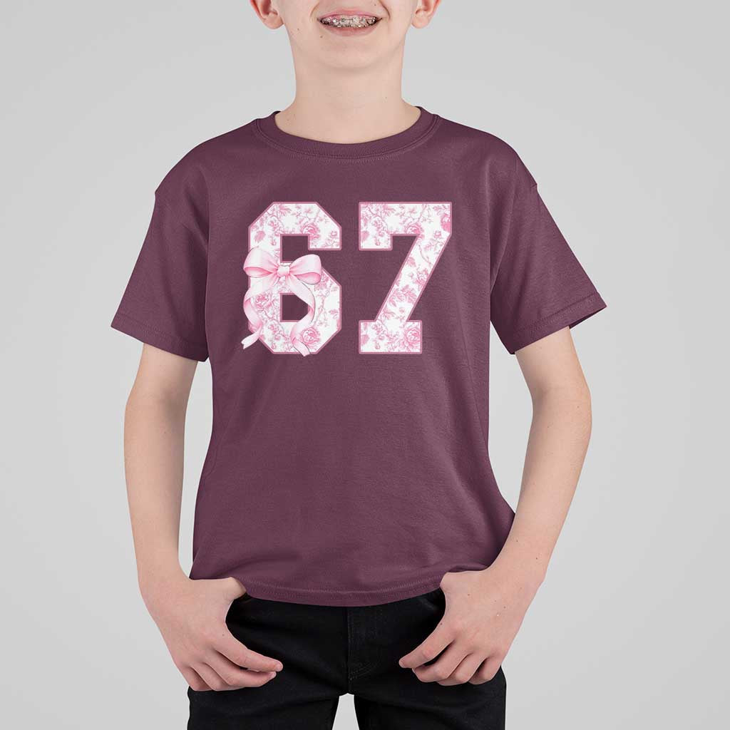 Six Seven Coquette Girl T Shirt For Kid Funny 67 Meme Gen Alpha Slang Pink Floral Bow Aesthetic - Wonder Print Shop
