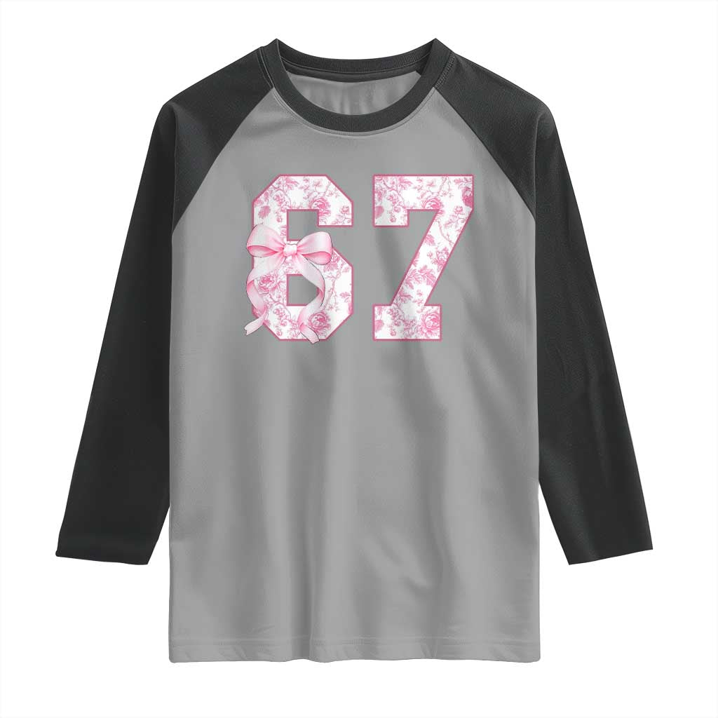 Six Seven Coquette Girl Raglan Shirt Funny 67 Meme Gen Alpha Slang Pink Floral Bow Aesthetic - Wonder Print Shop