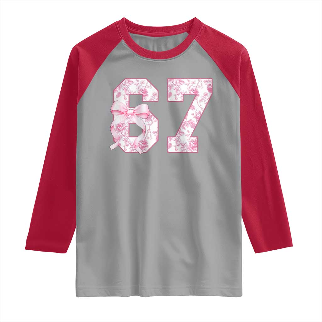 Six Seven Coquette Girl Raglan Shirt Funny 67 Meme Gen Alpha Slang Pink Floral Bow Aesthetic - Wonder Print Shop