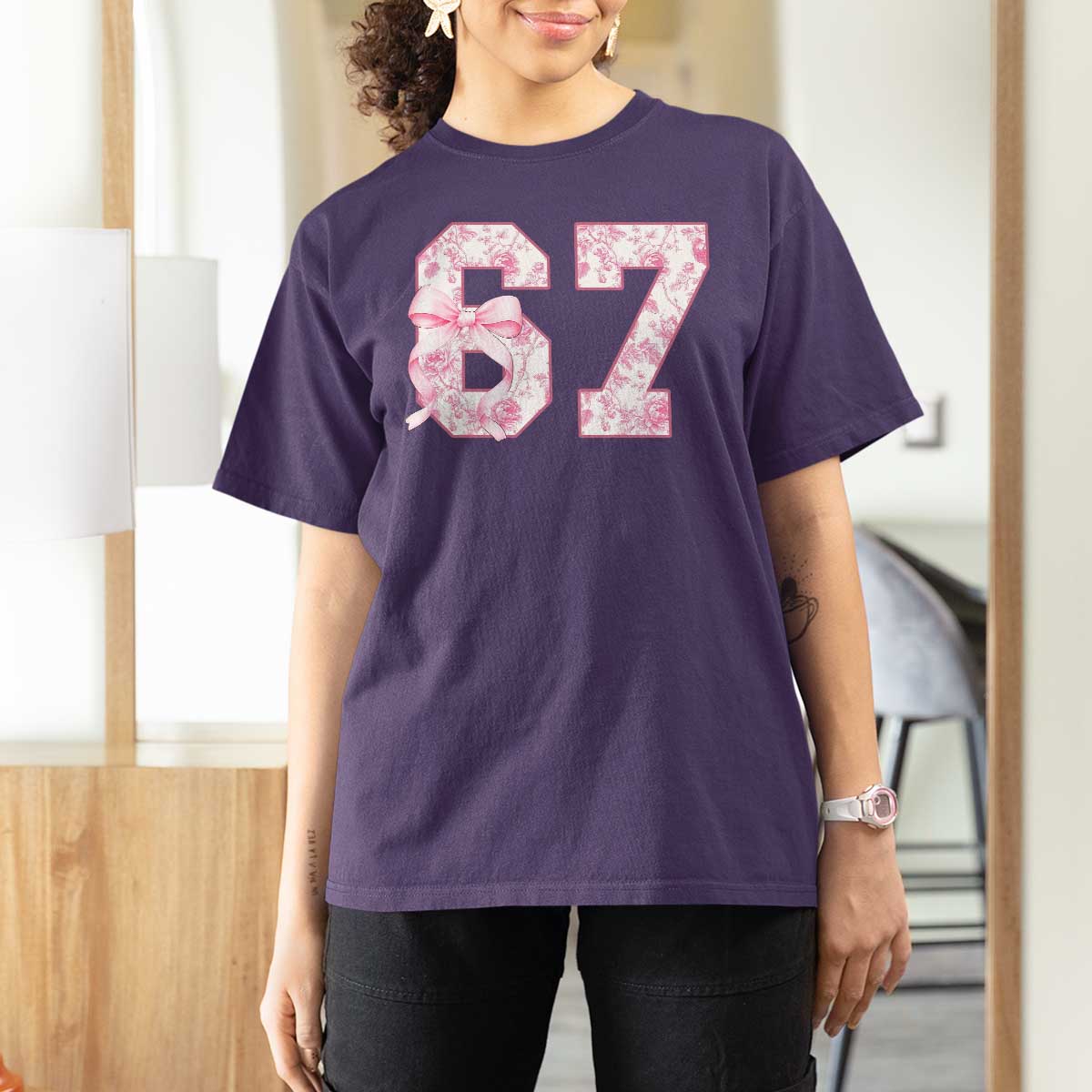 Six Seven Coquette Girl T Shirt For Women Funny 67 Meme Gen Alpha Slang Pink Floral Bow Aesthetic - Wonder Print Shop