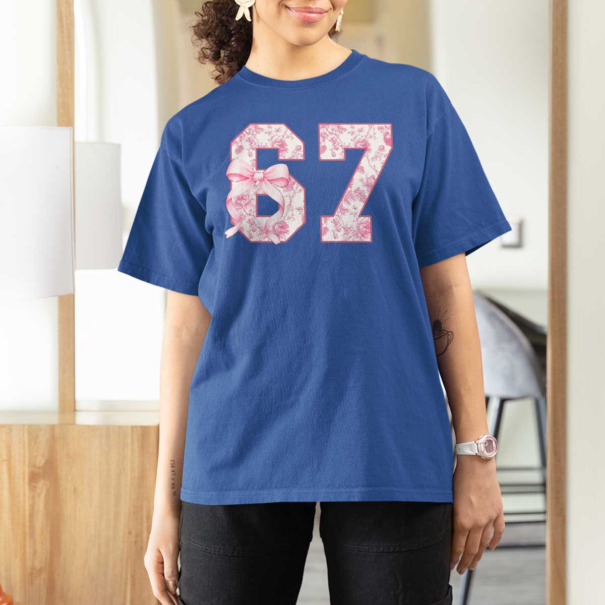 Six Seven Coquette Girl T Shirt For Women Funny 67 Meme Gen Alpha Slang Pink Floral Bow Aesthetic - Wonder Print Shop