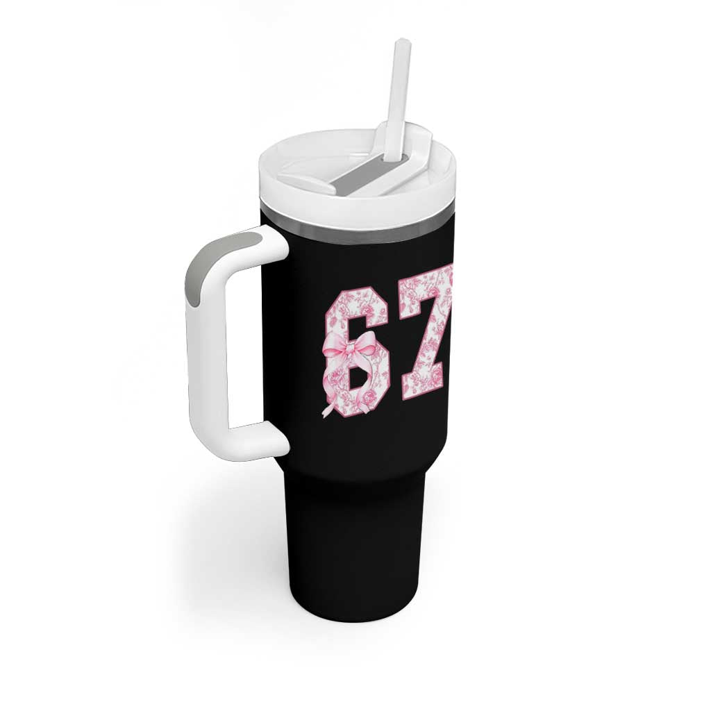Six Seven Coquette Girl Tumbler With Handle Funny 67 Meme Gen Alpha Slang Pink Floral Bow Aesthetic - Wonder Print Shop