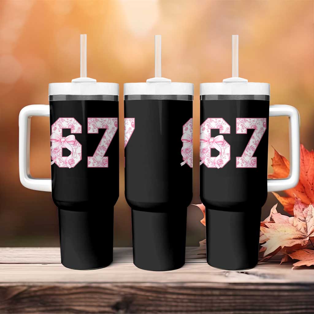 Six Seven Coquette Girl Tumbler With Handle Funny 67 Meme Gen Alpha Slang Pink Floral Bow Aesthetic - Wonder Print Shop