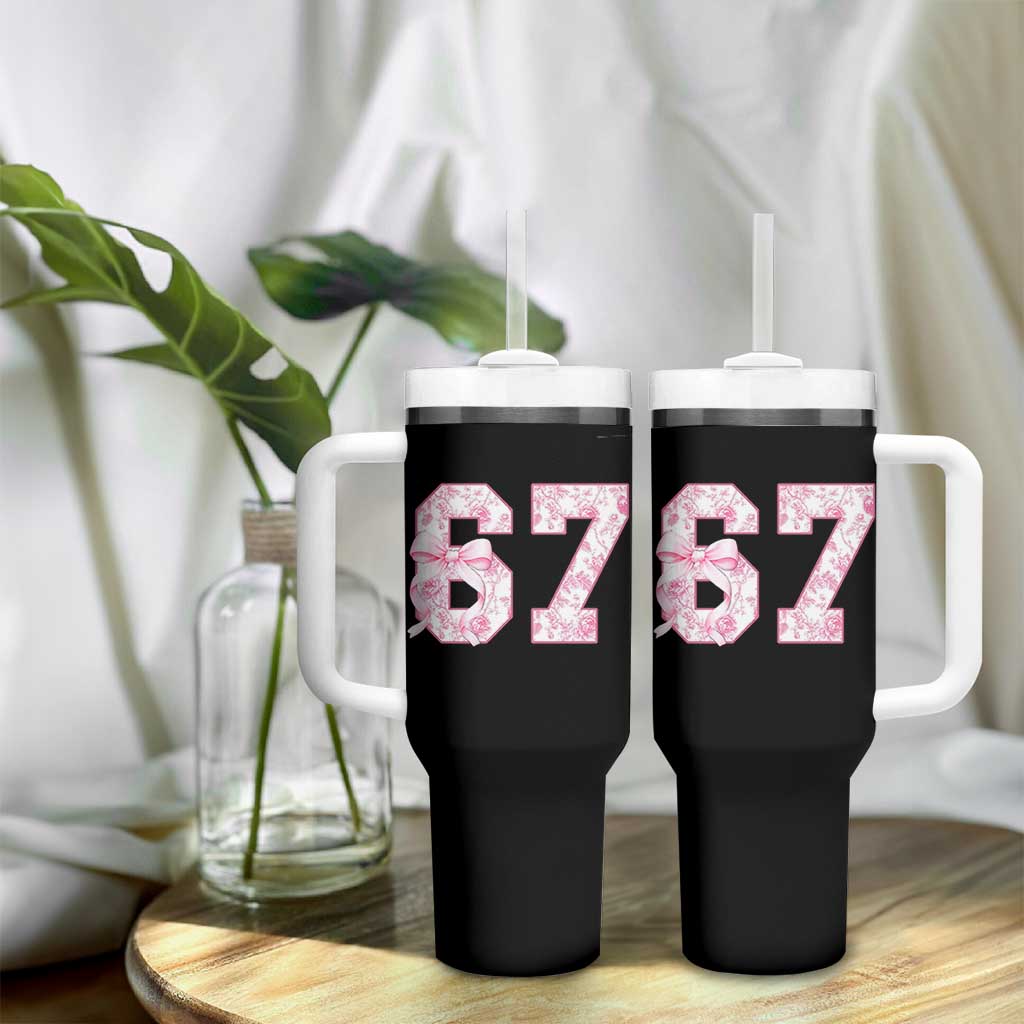 Six Seven Coquette Girl Tumbler With Handle Funny 67 Meme Gen Alpha Slang Pink Floral Bow Aesthetic - Wonder Print Shop