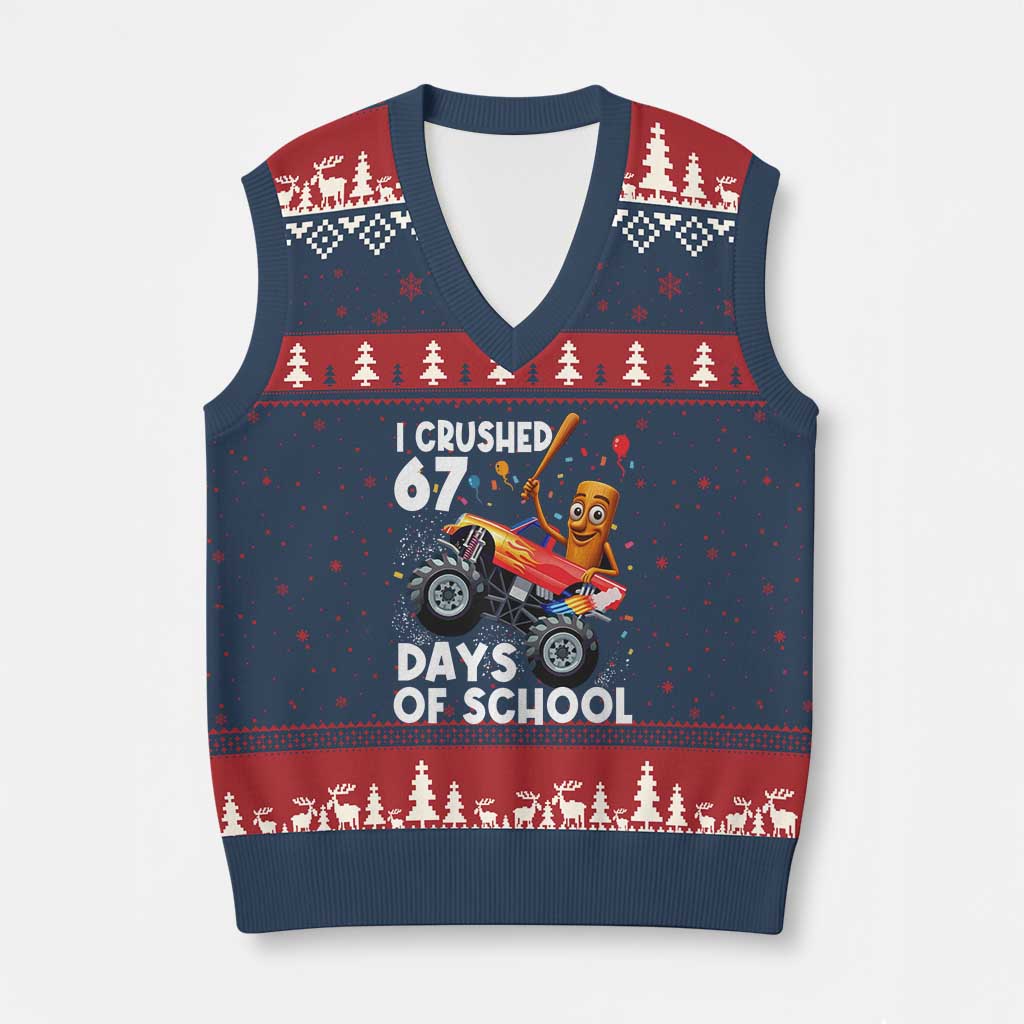 67 Days of School Monster Truck V-Neck Knit Sweater Vest 67th Day Boys Tung Tung Tung Sahur - Wonder Print Shop