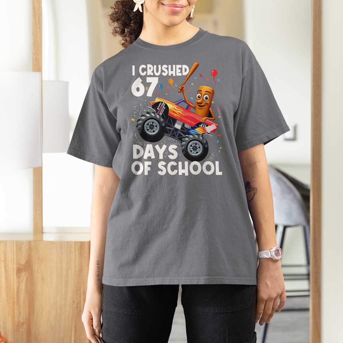 67 Days of School Monster Truck T Shirt For Women 67th Day Boys Tung Tung Tung Sahur - Wonder Print Shop
