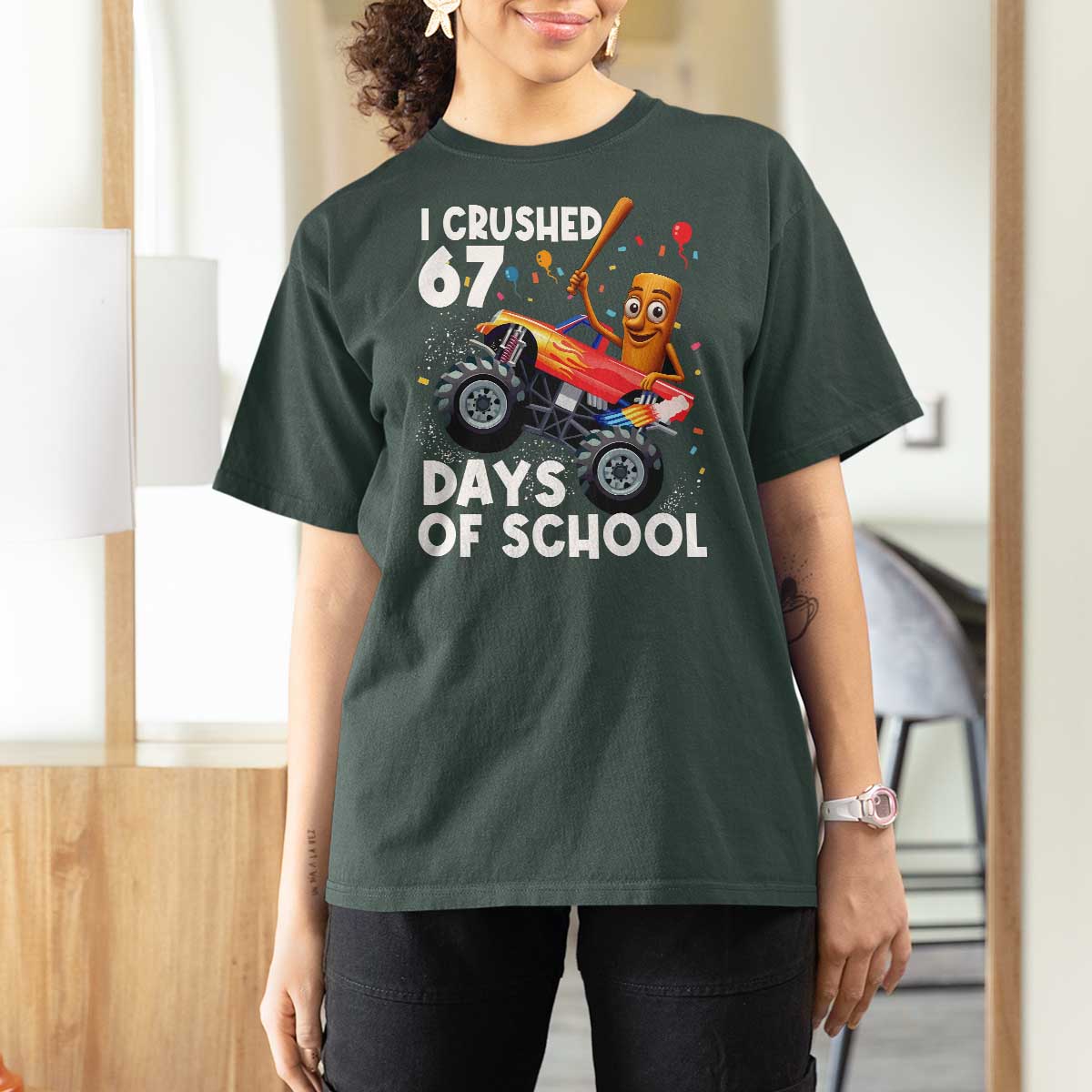 67 Days of School Monster Truck T Shirt For Women 67th Day Boys Tung Tung Tung Sahur - Wonder Print Shop