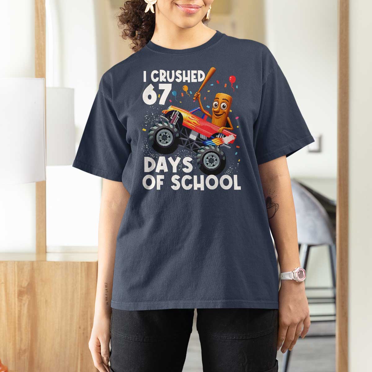67 Days of School Monster Truck T Shirt For Women 67th Day Boys Tung Tung Tung Sahur - Wonder Print Shop