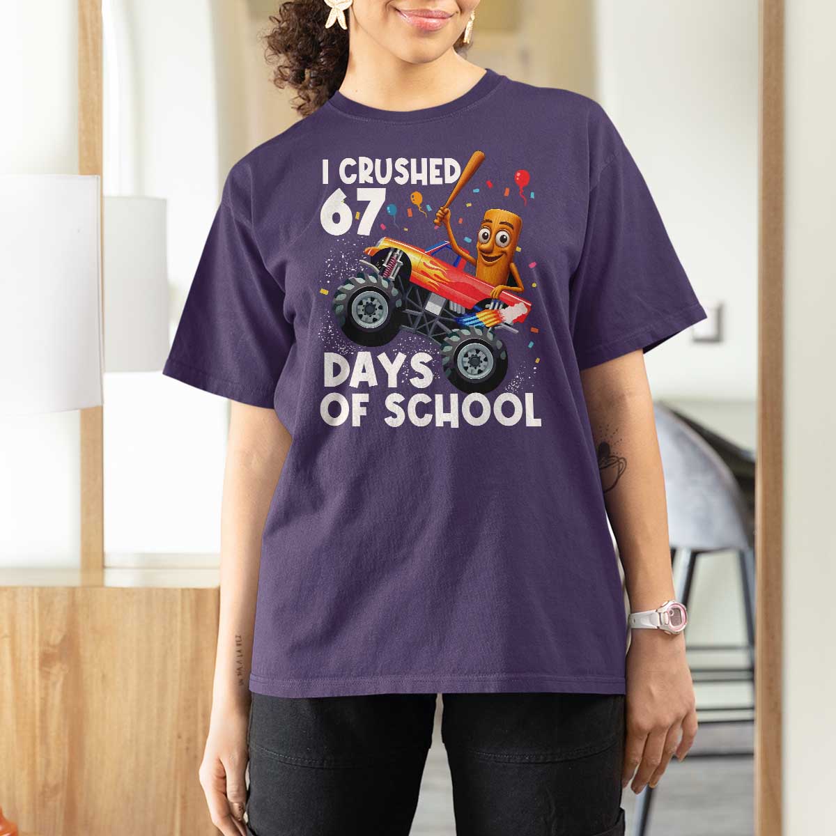 67 Days of School Monster Truck T Shirt For Women 67th Day Boys Tung Tung Tung Sahur - Wonder Print Shop
