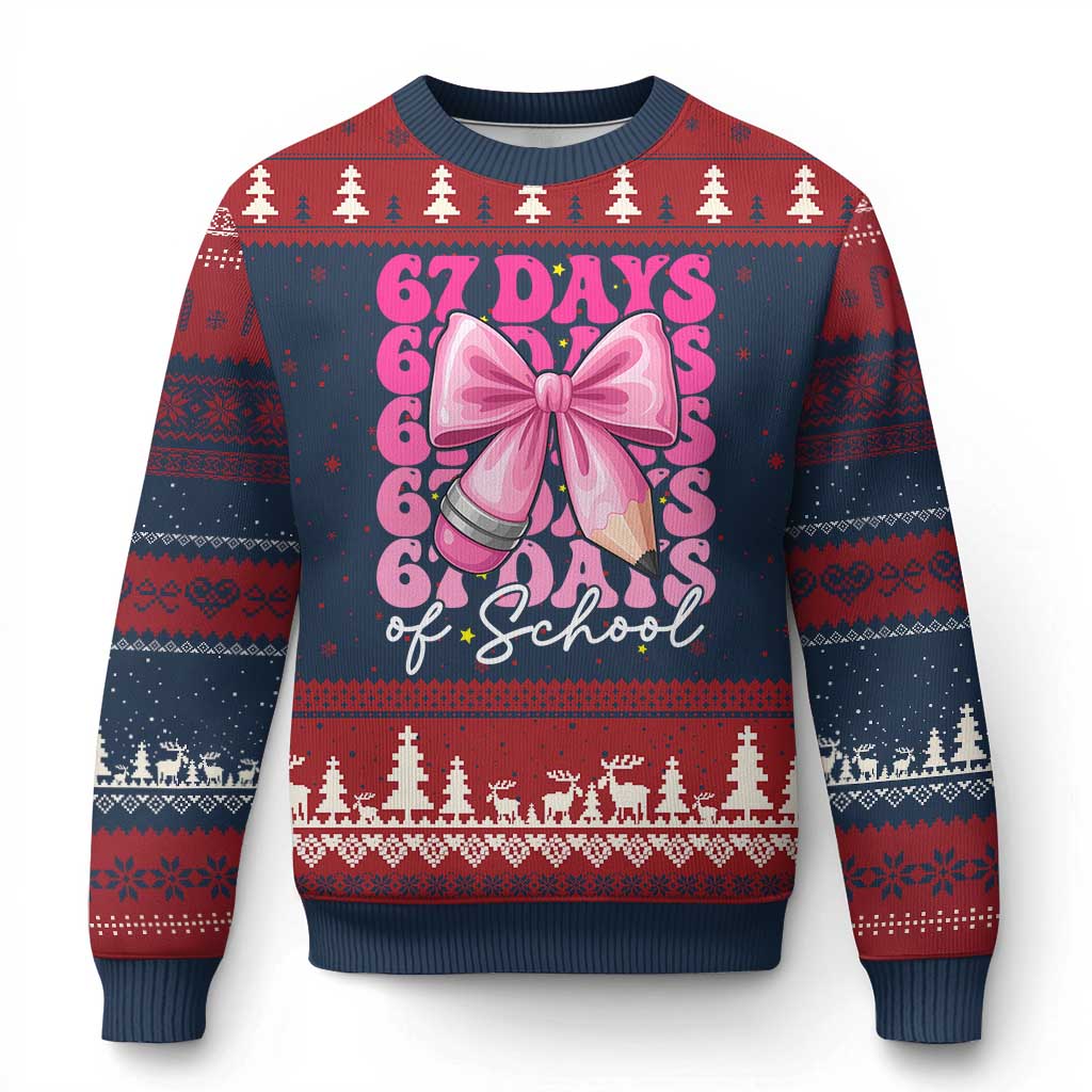 67 Days Of School Girls Coquette Bow Ugly Christmas Sweater Funny Six Seven Meme 67th Day - Wonder Print Shop