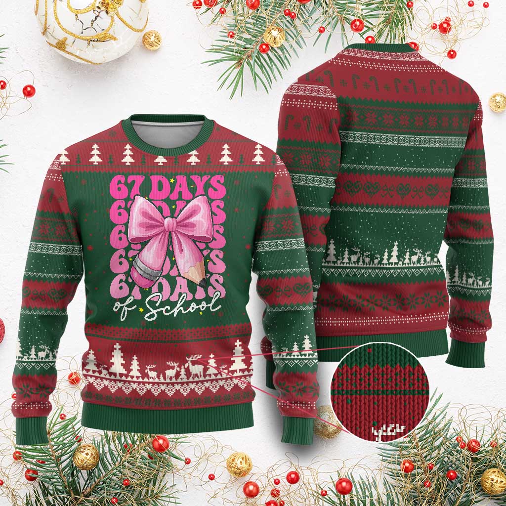 67 Days Of School Girls Coquette Bow Ugly Christmas Sweater Funny Six Seven Meme 67th Day - Wonder Print Shop