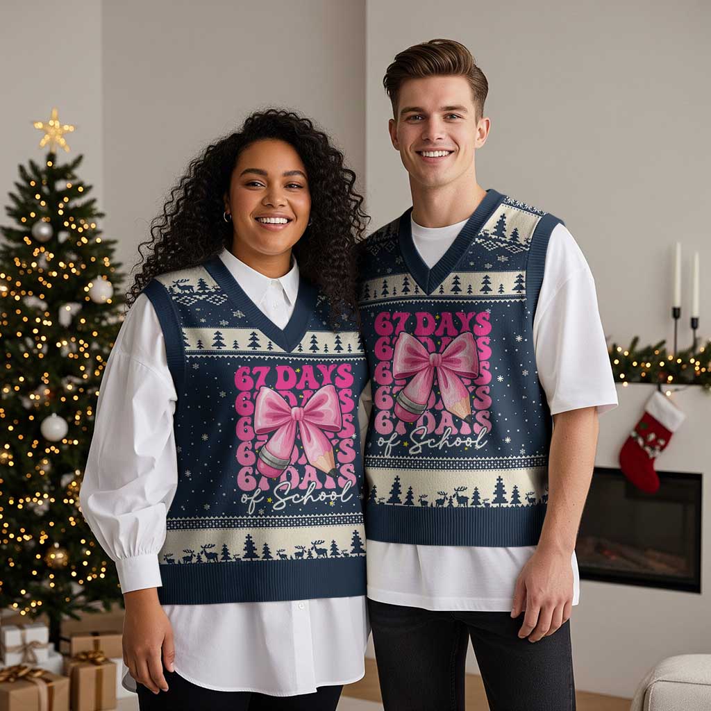 67 Days Of School Girls Coquette Bow V-Neck Knit Sweater Vest Funny Six Seven Meme 67th Day - Wonder Print Shop