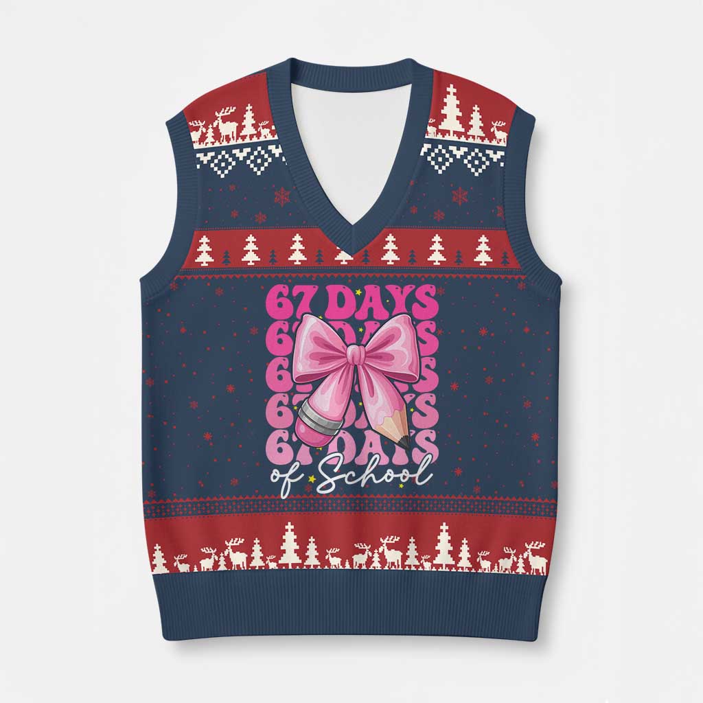 67 Days Of School Girls Coquette Bow V-Neck Knit Sweater Vest Funny Six Seven Meme 67th Day - Wonder Print Shop