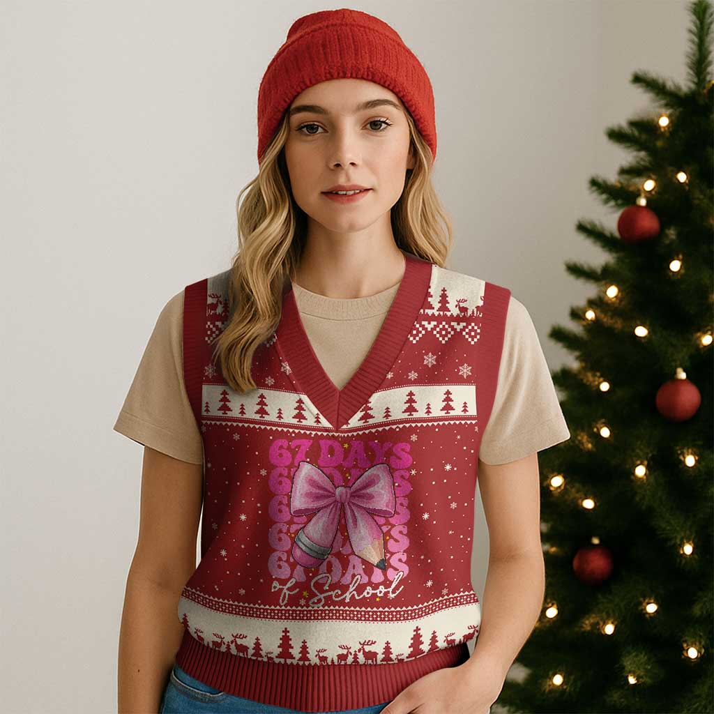 67 Days Of School Girls Coquette Bow V-Neck Knit Sweater Vest Funny Six Seven Meme 67th Day - Wonder Print Shop