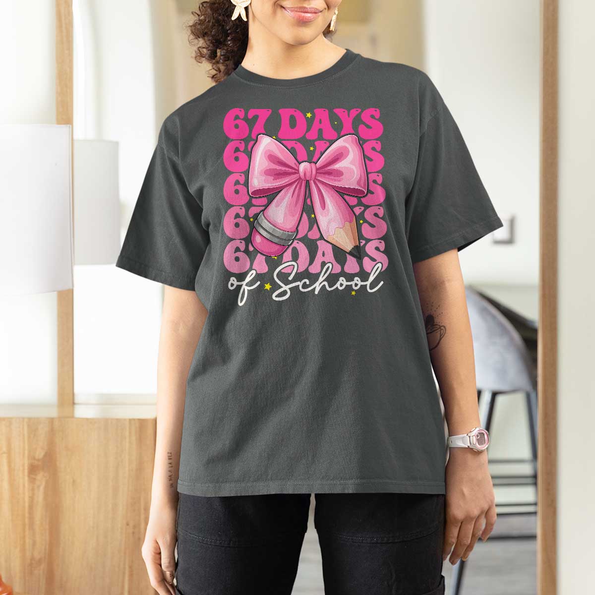 67 Days Of School Girls Coquette Bow T Shirt For Women Funny Six Seven Meme 67th Day - Wonder Print Shop