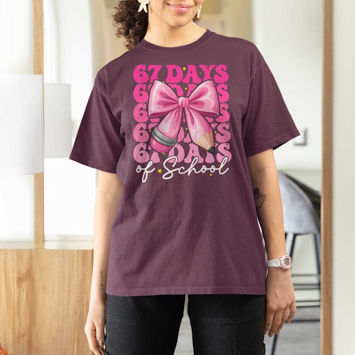67 Days Of School Girls Coquette Bow T Shirt For Women Funny Six Seven Meme 67th Day - Wonder Print Shop