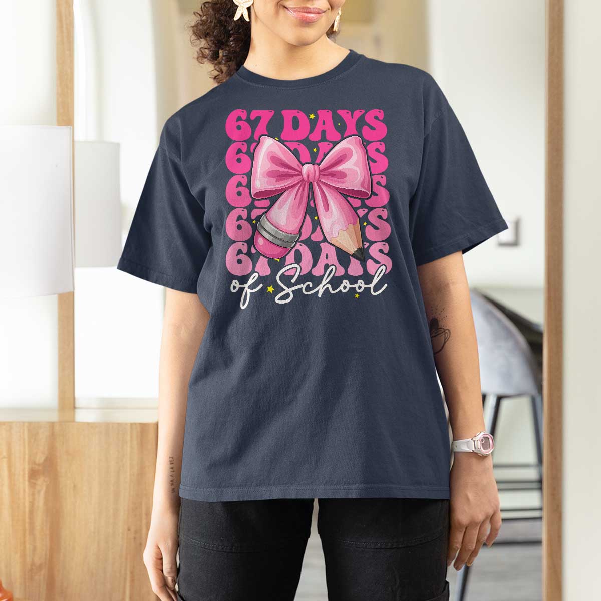 67 Days Of School Girls Coquette Bow T Shirt For Women Funny Six Seven Meme 67th Day - Wonder Print Shop