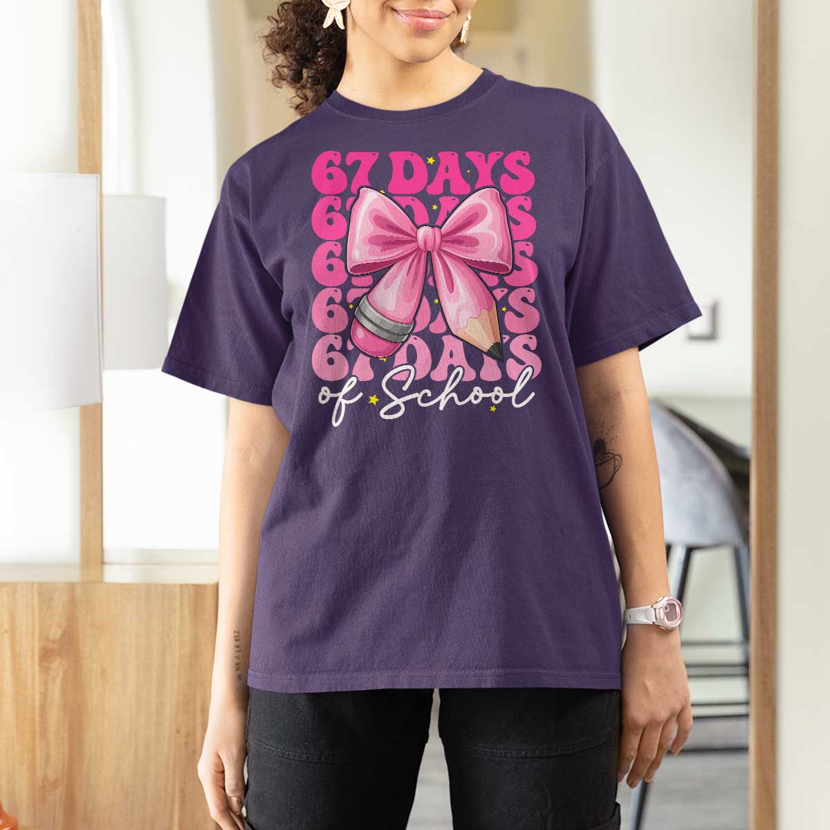 67 Days Of School Girls Coquette Bow T Shirt For Women Funny Six Seven Meme 67th Day - Wonder Print Shop