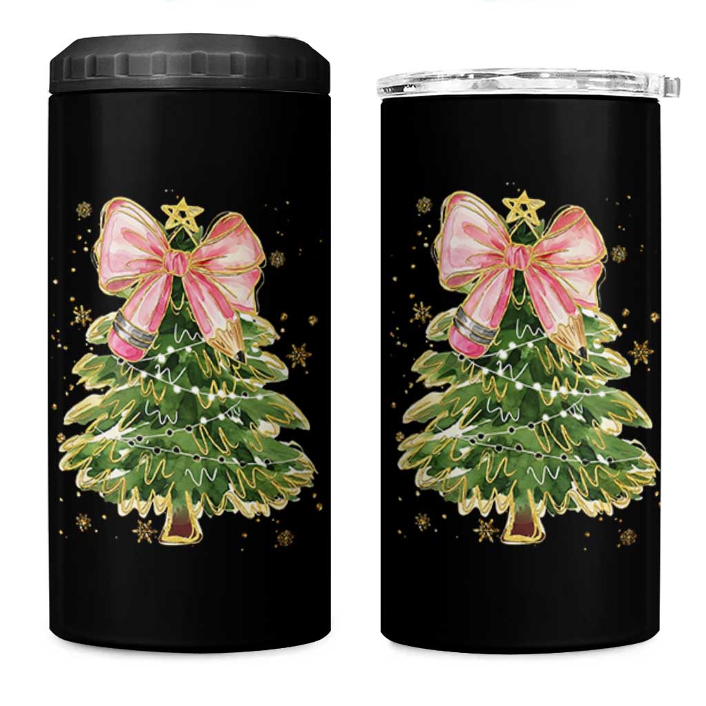 Coquette Bow Christmas 4 in 1 Can Cooler Tumbler Cute Teacher Xmas Tree Pink - Wonder Print Shop