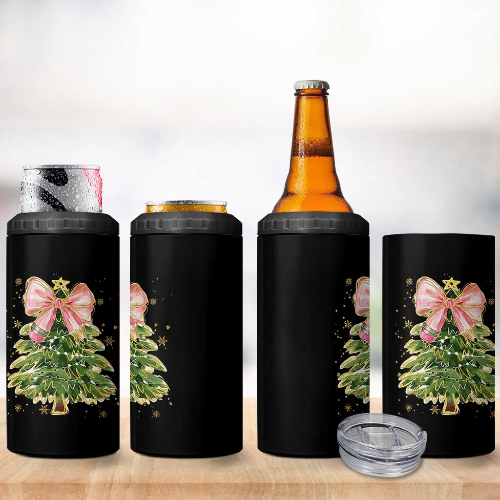 Coquette Bow Christmas 4 in 1 Can Cooler Tumbler Cute Teacher Xmas Tree Pink - Wonder Print Shop
