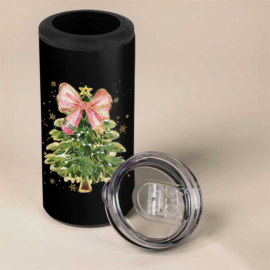 Coquette Bow Christmas 4 in 1 Can Cooler Tumbler Cute Teacher Xmas Tree Pink - Wonder Print Shop