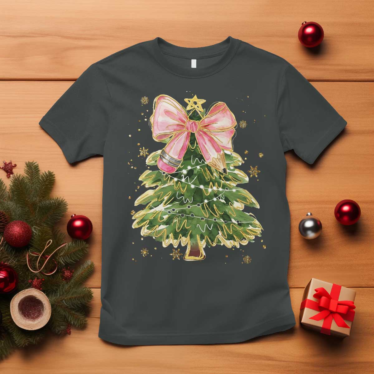 Coquette Bow Christmas T Shirt Cute Teacher Xmas Tree Pink - Wonder Print Shop