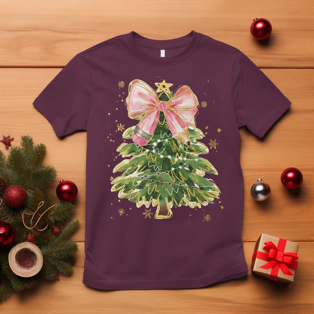Coquette Bow Christmas T Shirt Cute Teacher Xmas Tree Pink - Wonder Print Shop