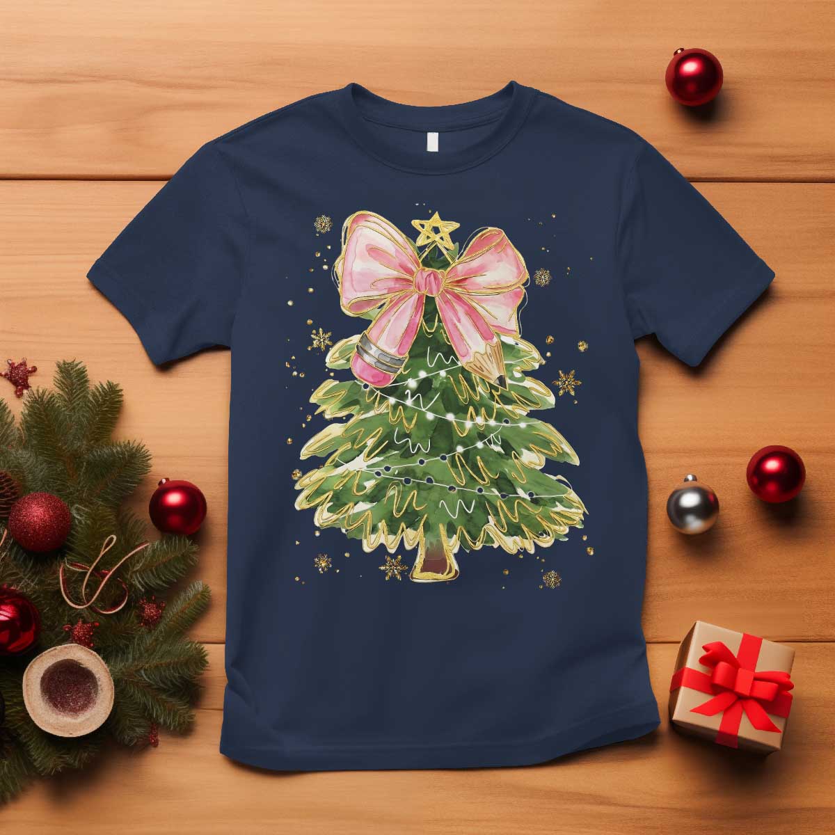 Coquette Bow Christmas T Shirt Cute Teacher Xmas Tree Pink - Wonder Print Shop