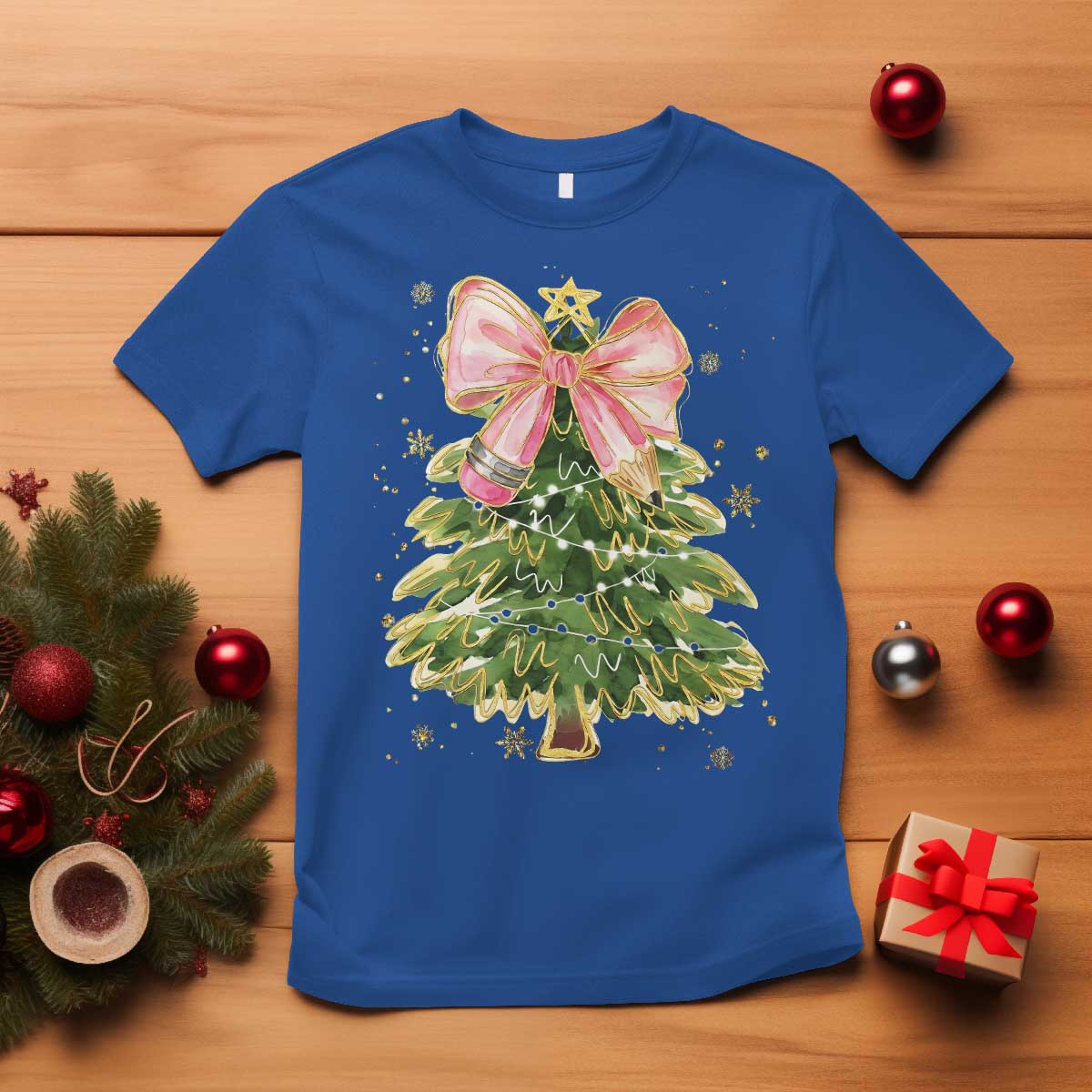Coquette Bow Christmas T Shirt Cute Teacher Xmas Tree Pink - Wonder Print Shop