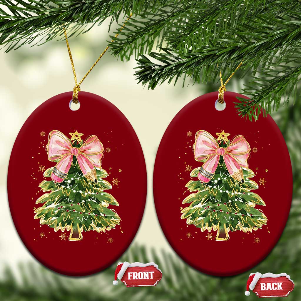 Coquette Bow Christmas Ceramic Ornament Cute Teacher Xmas Tree Pink - Wonder Print Shop