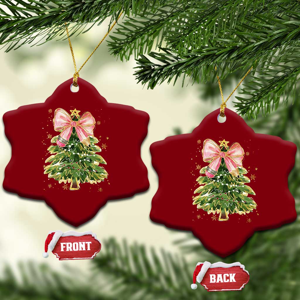 Coquette Bow Christmas Ceramic Ornament Cute Teacher Xmas Tree Pink - Wonder Print Shop