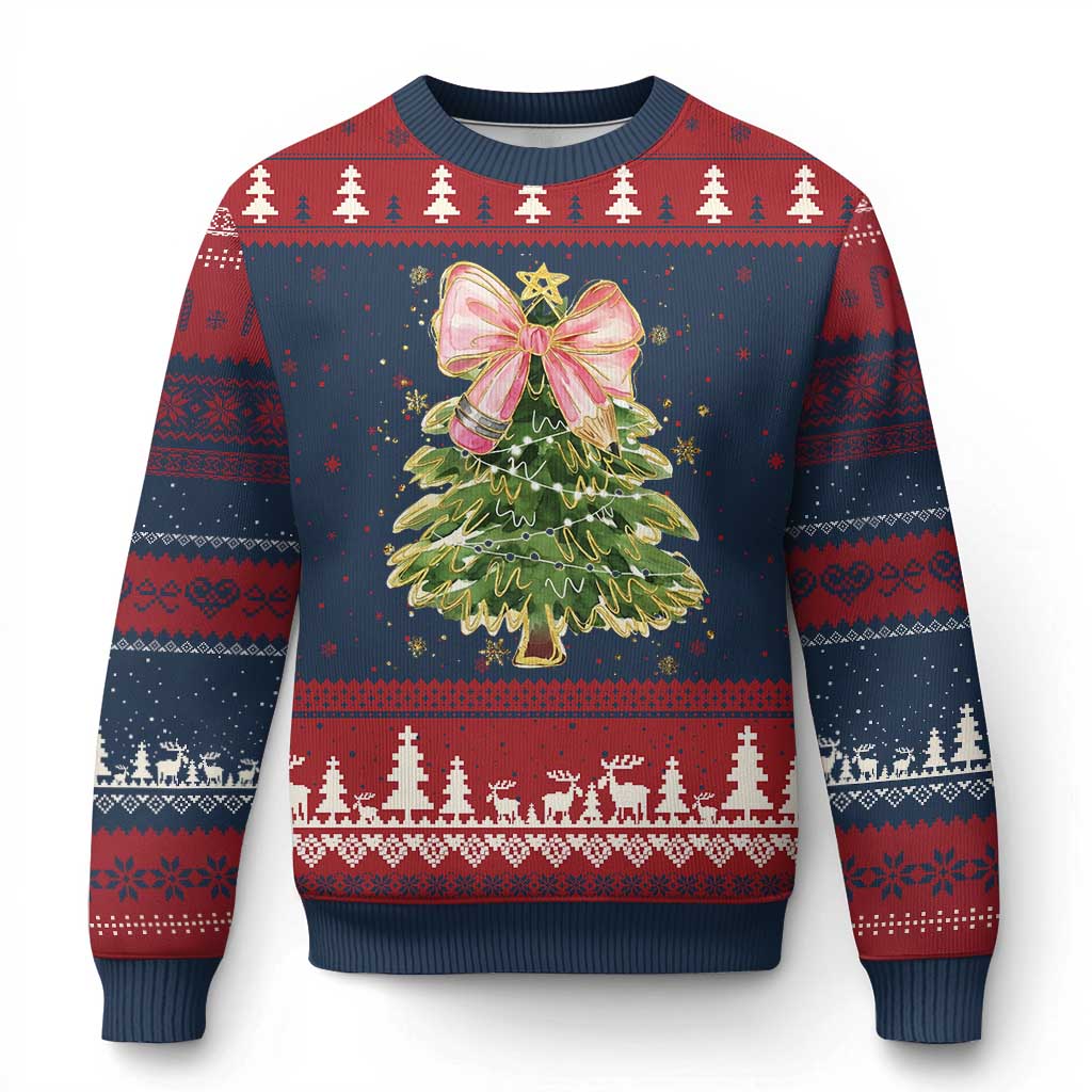 Coquette Bow Xmas Ugly Christmas Sweater Cute Teacher Xmas Tree Pink - Wonder Print Shop