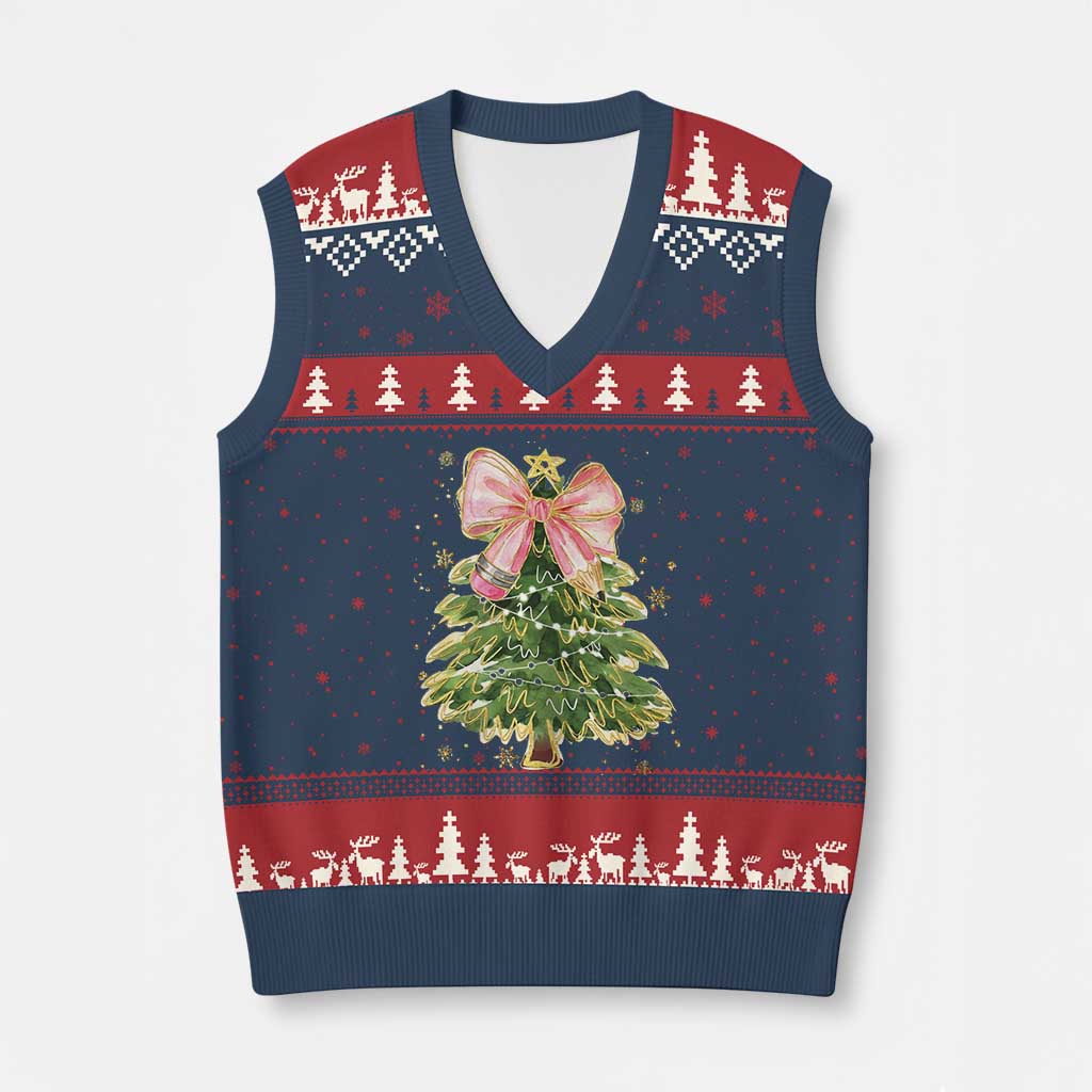 Coquette Bow Xmas V-Neck Knit Sweater Vest Cute Teacher Xmas Tree Pink - Wonder Print Shop
