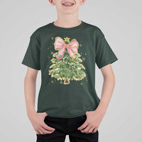 Coquette Bow Christmas T Shirt For Kid Cute Teacher Xmas Tree Pink - Wonder Print Shop