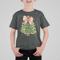 Coquette Bow Christmas T Shirt For Kid Cute Teacher Xmas Tree Pink - Wonder Print Shop
