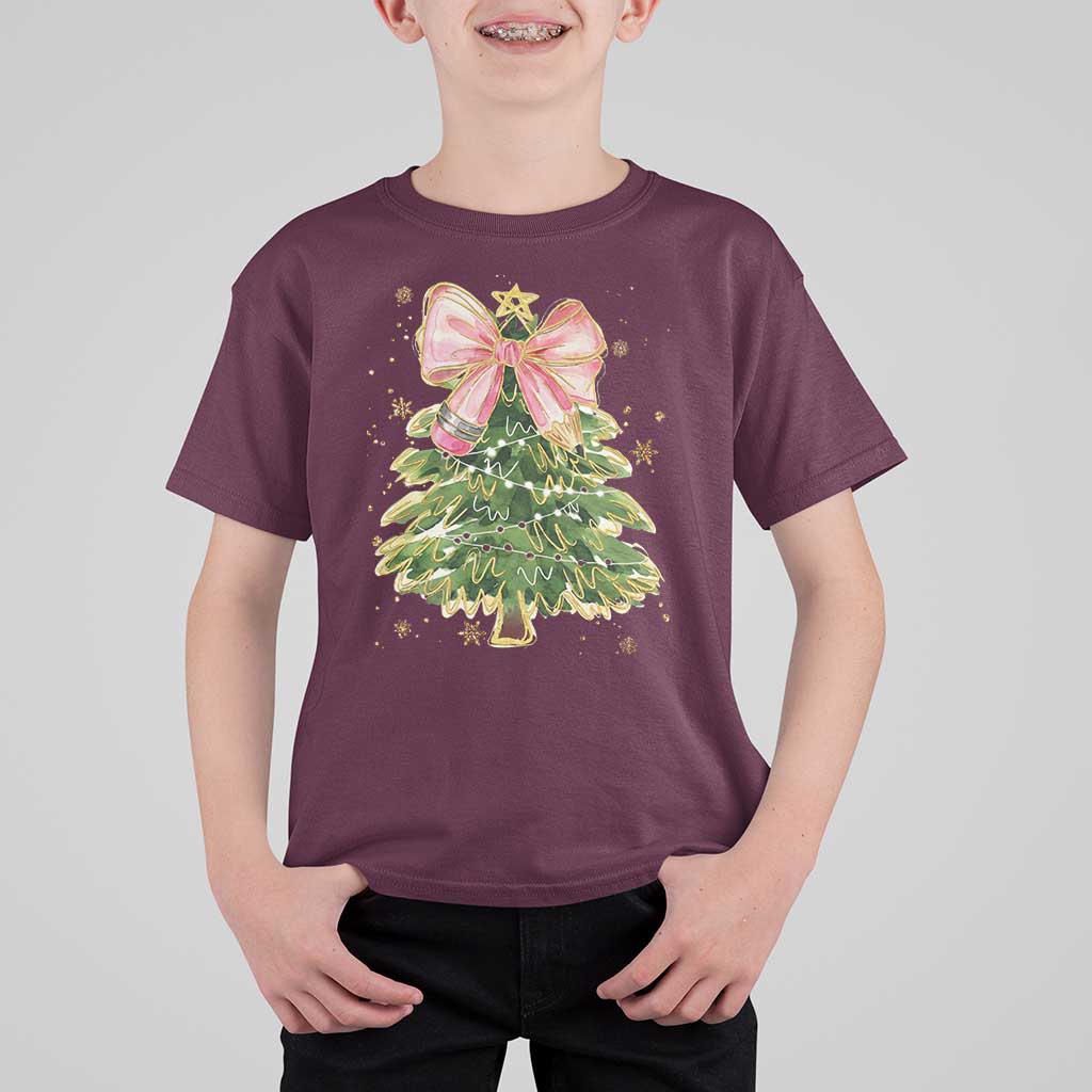 Coquette Bow Christmas T Shirt For Kid Cute Teacher Xmas Tree Pink - Wonder Print Shop
