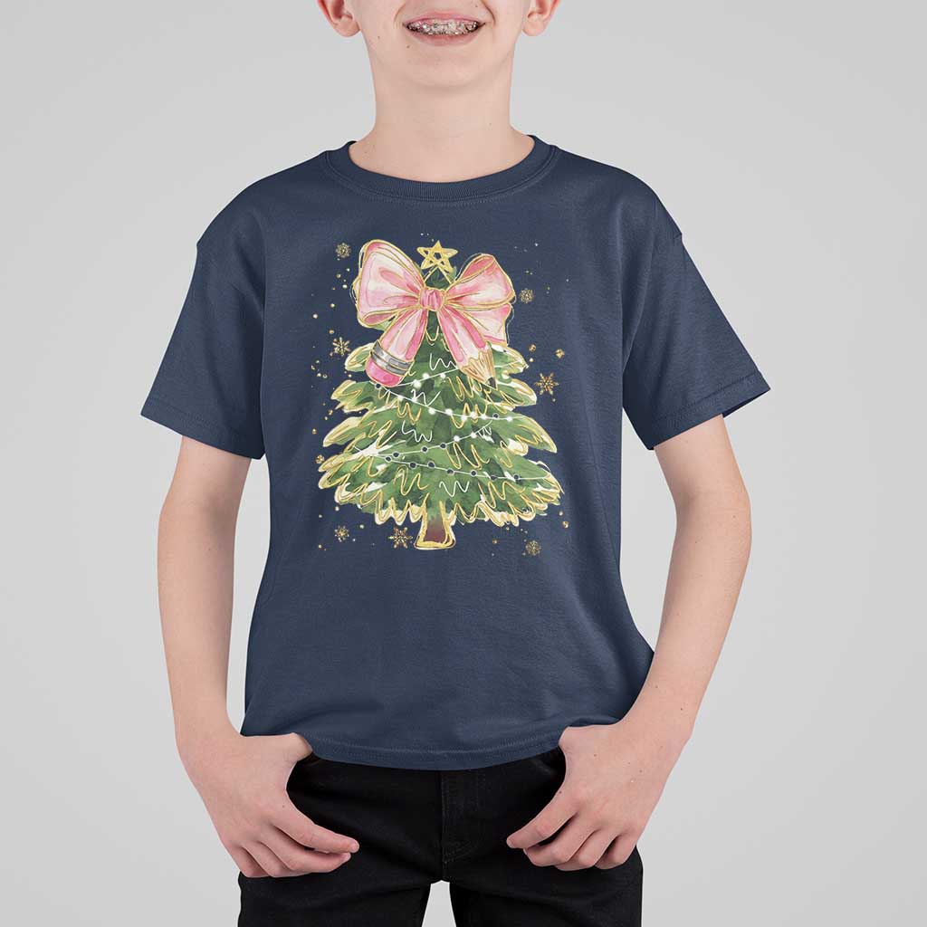 Coquette Bow Christmas T Shirt For Kid Cute Teacher Xmas Tree Pink - Wonder Print Shop