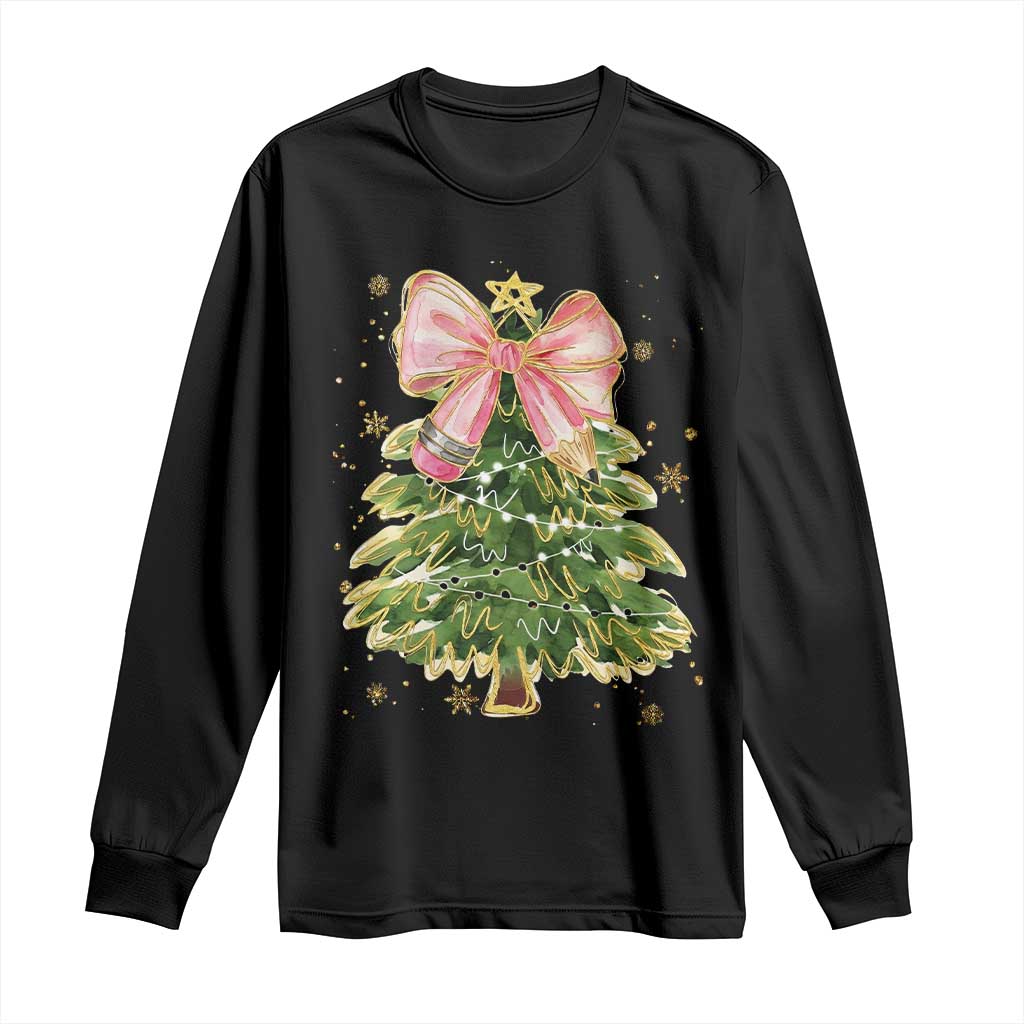 Coquette Bow Christmas Long Sleeve Shirt Cute Teacher Xmas Tree Pink - Wonder Print Shop