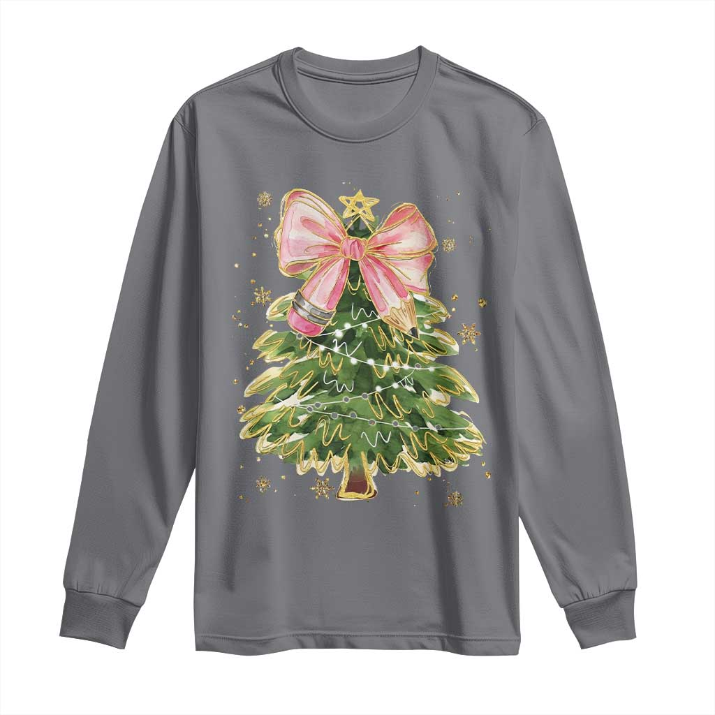 Coquette Bow Christmas Long Sleeve Shirt Cute Teacher Xmas Tree Pink - Wonder Print Shop