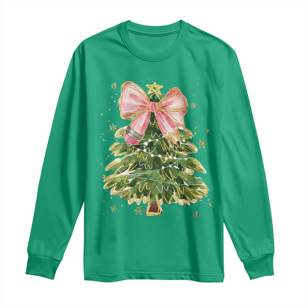 Coquette Bow Christmas Long Sleeve Shirt Cute Teacher Xmas Tree Pink - Wonder Print Shop