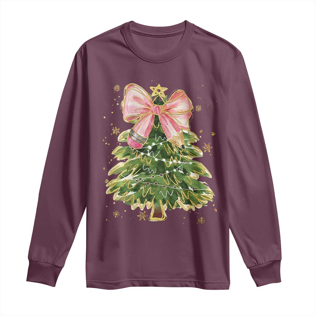 Coquette Bow Christmas Long Sleeve Shirt Cute Teacher Xmas Tree Pink - Wonder Print Shop